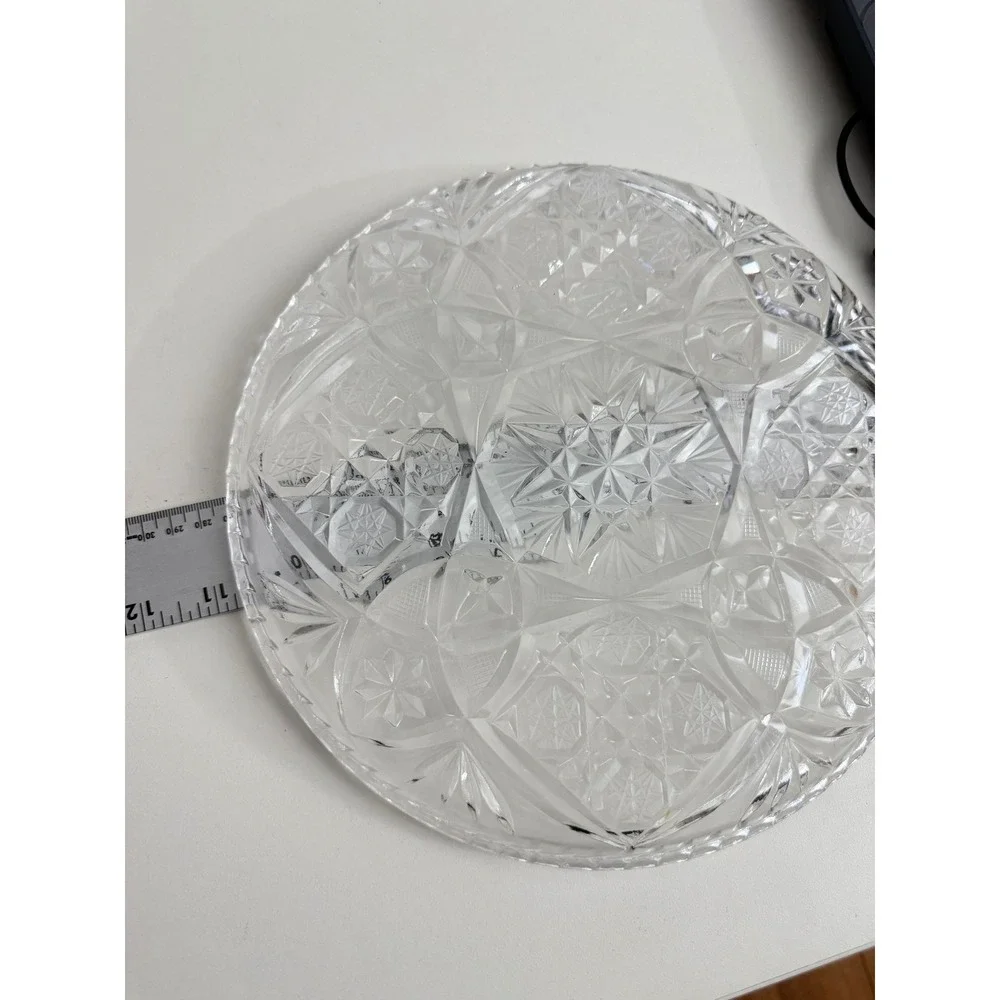 Vintage Heavy Cut Glass Round Platter Starburst Pinwheel Serving Tray 11.5 inch